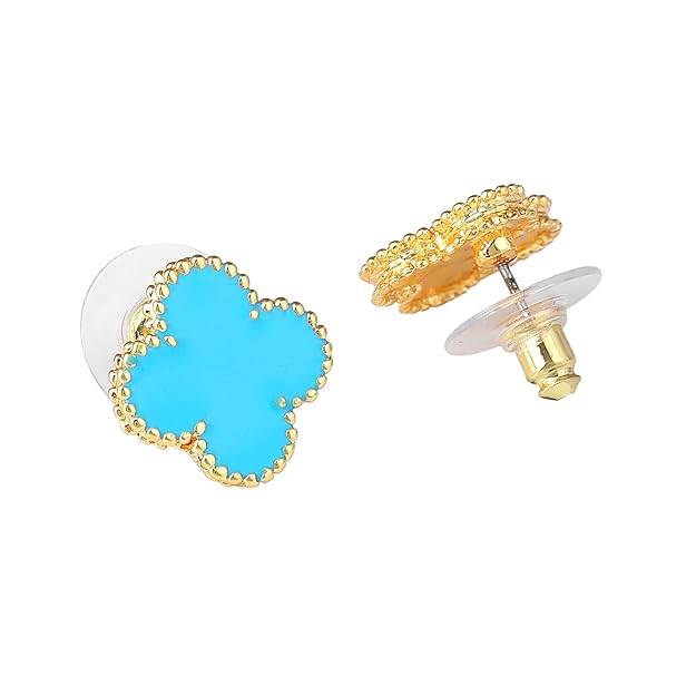 Estele Gold Plated Four Leaf Clover Designer Stud Earrings With Blue Enamel For Women And Girls : 10202-IGBL-ERER