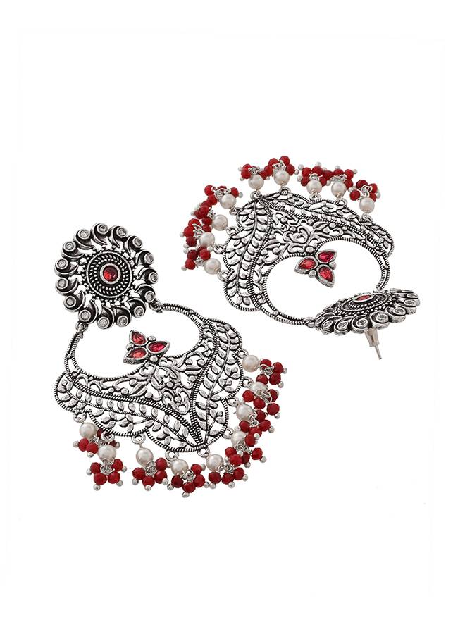 Abharan White And Red Stones And Pearls Opulent Jewellery Set : 8905124493801