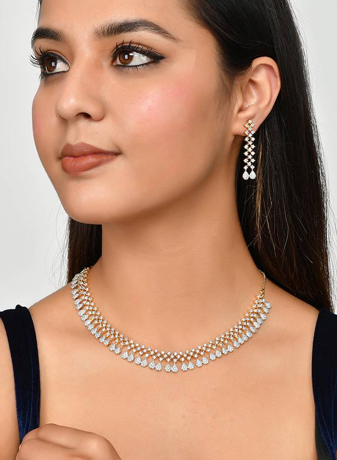 Cz Elegance Layered Dual Tone Stone-Studded Necklace Set : 8905124477979