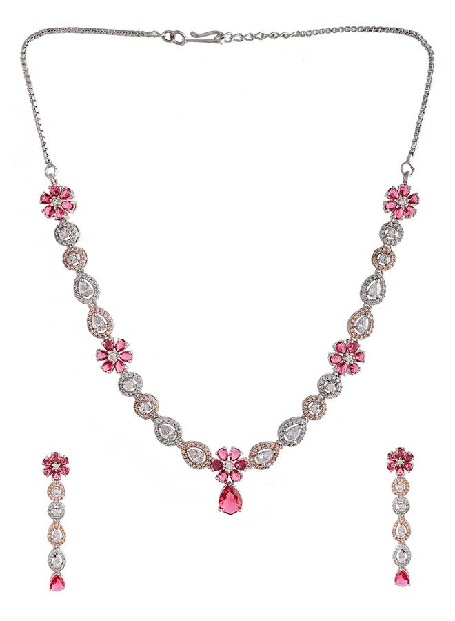 Sparkling Elegance Red And White Cz Floral Jewellery Set : 8905124498776