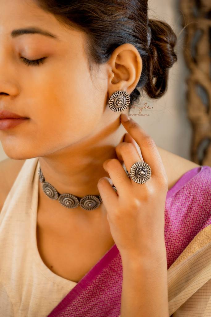 Adya Intricate Motif Sequence Necklace Earring Ring Set : SN1158-1