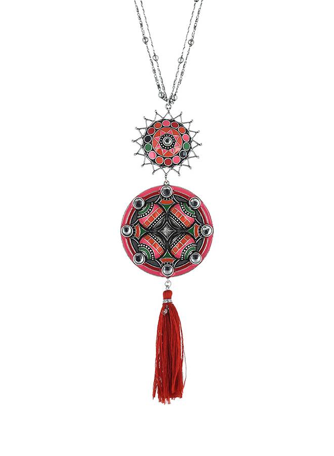 Folklore Red Enamel Tassel Drop Necklace : 8905124477559