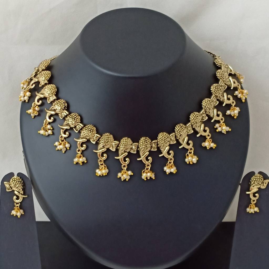 Estele Gold Plated Antique Streamlined Elephant Designer Choker Necklace Set With Glowing Pearls For Women : 10010-IGNKER