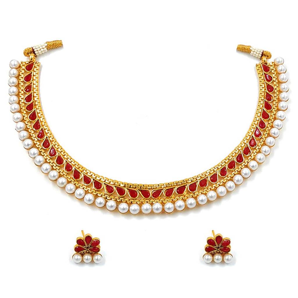 Traditional Gold Plated Studded Choker Necklace Jewellery Set For Women-Pf04N3390 : PF04N3390R