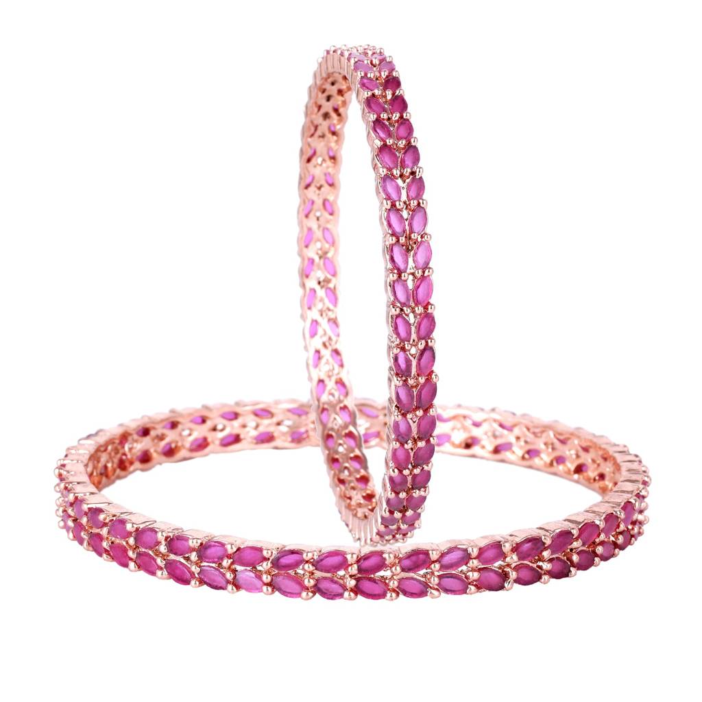 Estele Rose Gold Plated Cz Leaf Designer Bangles With Ruby Stones For Women : AD-005-RG-RBBANGLE
