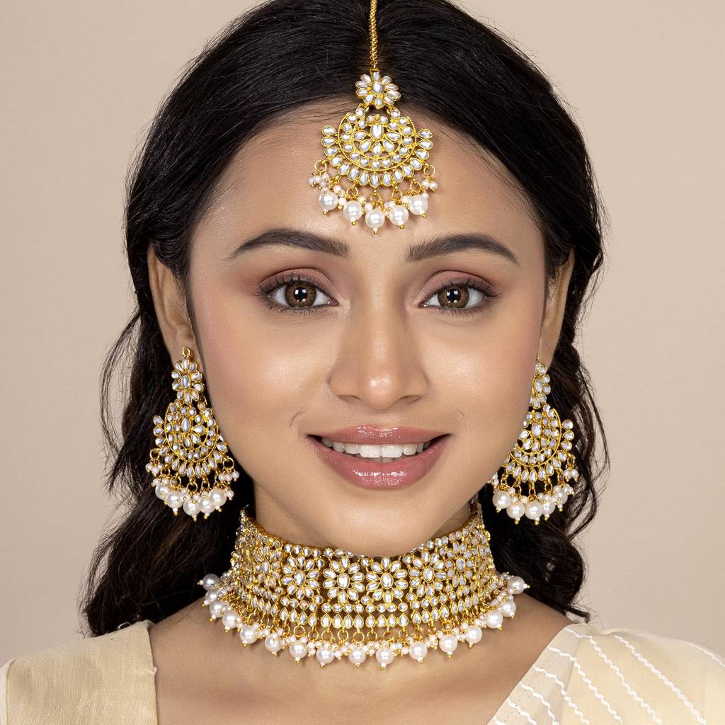 Gold Plated Kundan Studded Choker Necklace Earrings & Maang Tikka Set Wedding Jewellery Set For Girls & Women (White) : PF24N14W