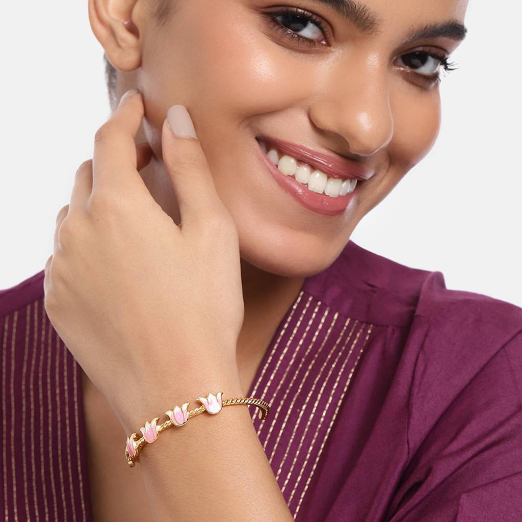 Estele Gold Plated Pink Enamel Lotus Designer Enchanting Cuff Bracelet For Girl'S & Women : AD-063-IGBR