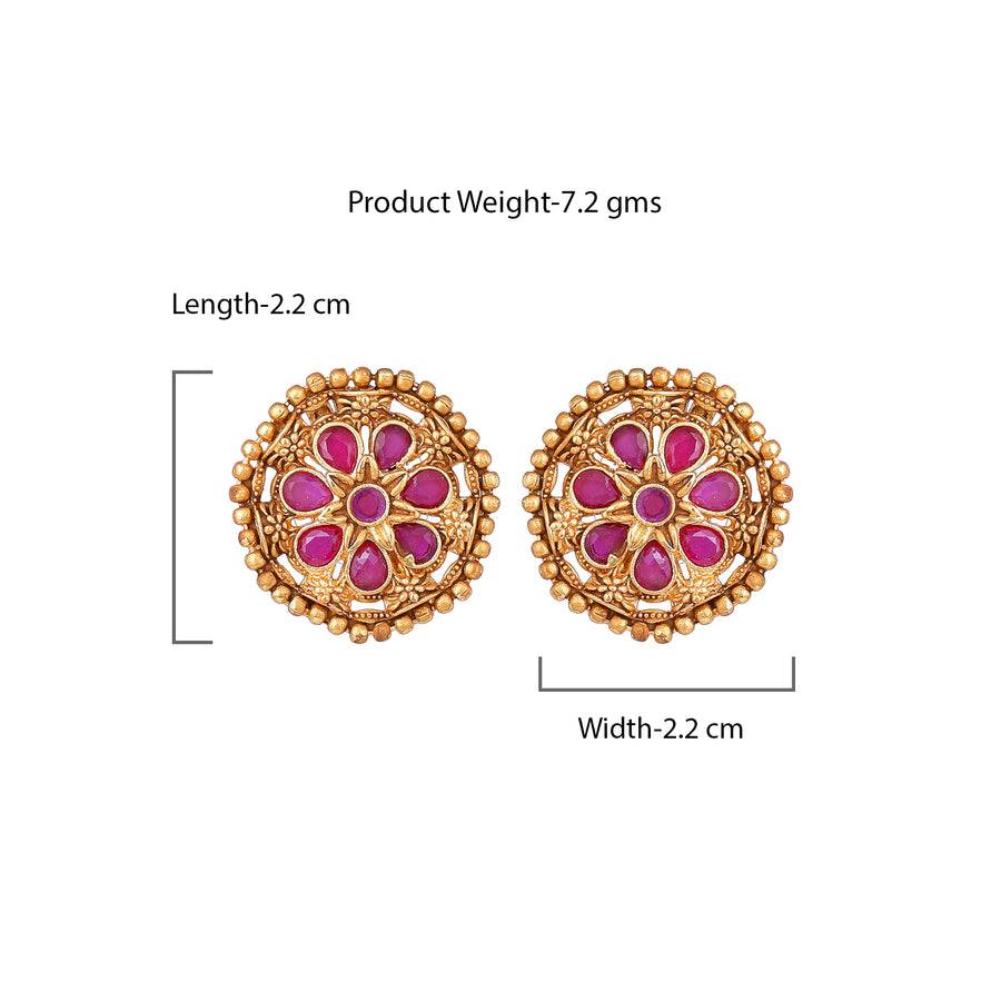 Estele Gold Plated Floral Designer Matte Finish Stud Earrings With Ruby Crystals For Women : AD-116714-IGRBER