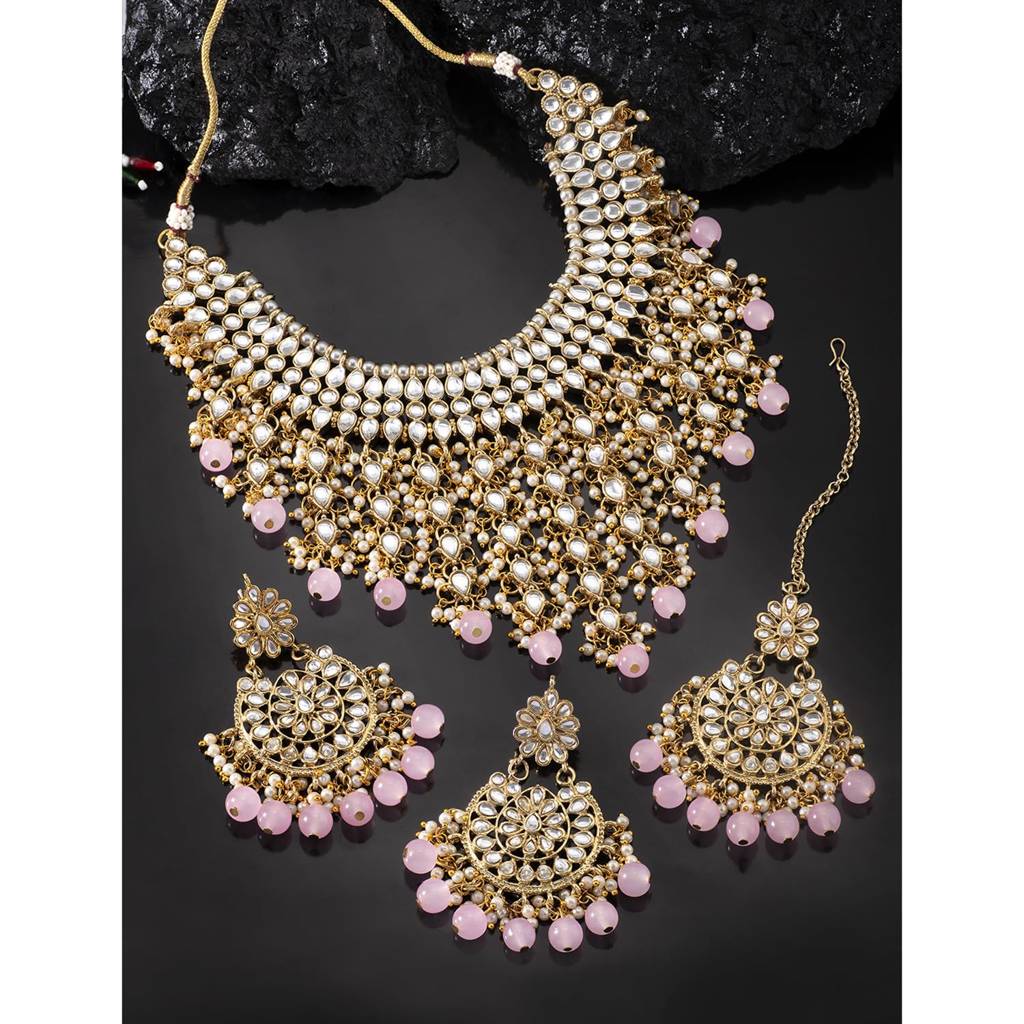 Traditional Kundan & Pearl Drop Bridal Dulhan Necklace Earring With Maang Tikka Jewellery Set For Women Girls-Pf : PF25N1177PK