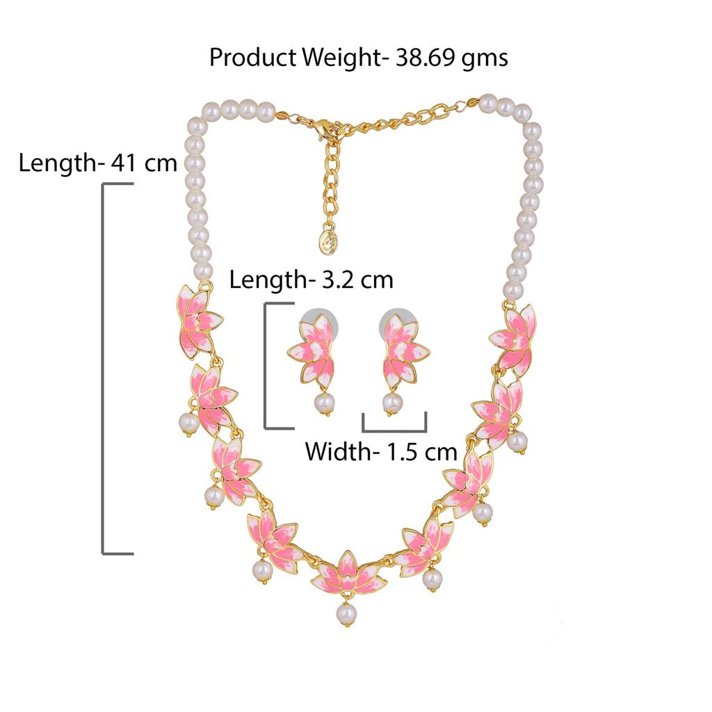 Estele Gold Plated Alluring Lotus Designer Pearl Necklace Set With Pink Enamel For Girl'S & Women : 10195-IGNKER