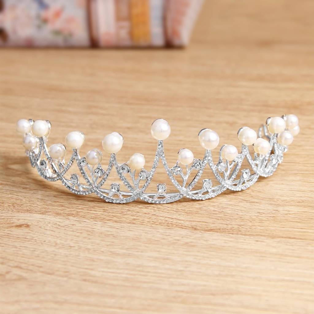 Silver Plated Cubic Zirconia & Pearl Studded Princess Tiara Crown Hair Accessory For Girls & Women : PX9CW04