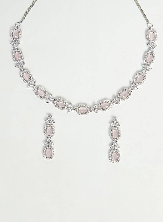 Sparkling Elegance Pink Gem Studded Classic Necklace Set : 8905124445374