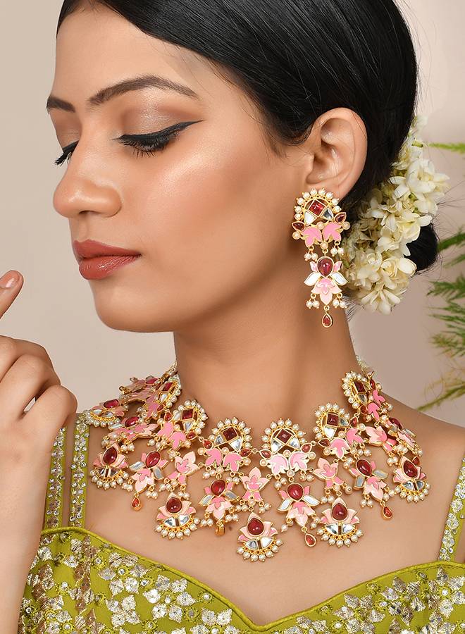 Forever More Pink Bridal Lotus Necklace Set : 8905124497953