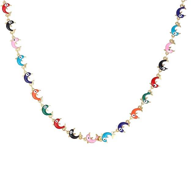 Fashion Jewelry Colorful Dolphin Design Necklace For Women: Gold Plated Dolphin-Themed Enamel Necklace: C : OSAK005-IGMCCHAIN