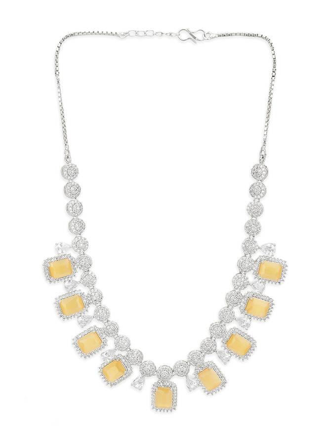 Cz Silver Plated Pearl Brass Necklace Set With Yellow Stone : 8905124435450