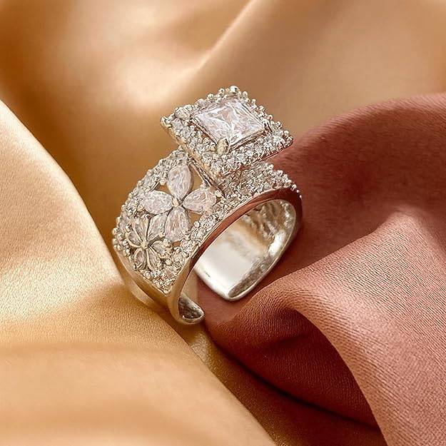 Silver Finish Cz Finger Ring For Women Princess-Cut Stone Adjustable  Band Brass White Gold