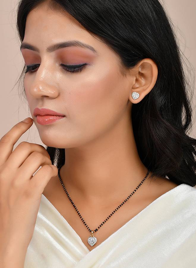 Sparkling Essential White Heart Shaped Cz Studded Gold Plated Mangalsutra Set : 8905124495102