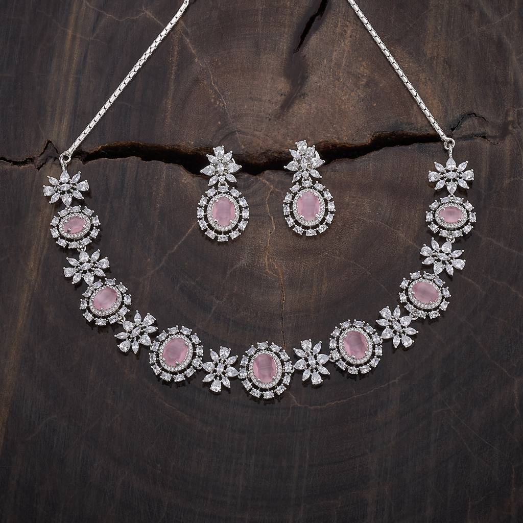 Kushal'S Fashion Jewellery Rhodium-Plated Ruby & Cubic Zirconia Studded Jewellery Set-177108 : 424544