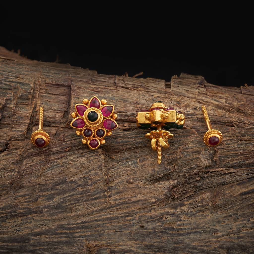 Kushal'S Fashion Jewellery Ruby-Green Gold-Plated Ethnic 92.5 Temple Silver Studs-413420 : 413420