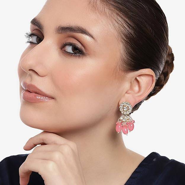 Estele Gold Plated Flower Designer Gehena Drop Earrings With Mint Pink Beads For Women : PJ-003-IGMPER