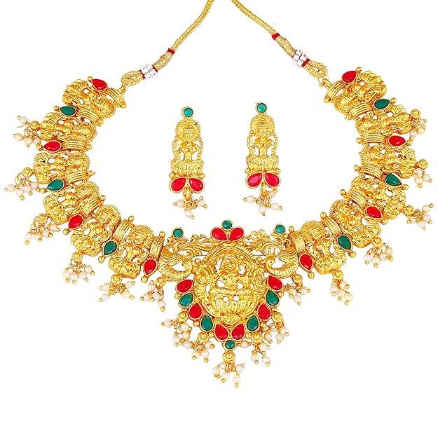Estele Gold Plated Divine Laxmi Devi Gehena Necklace Set With Multi-Color Stones For Women : PJ-019-IGRBGNNKER