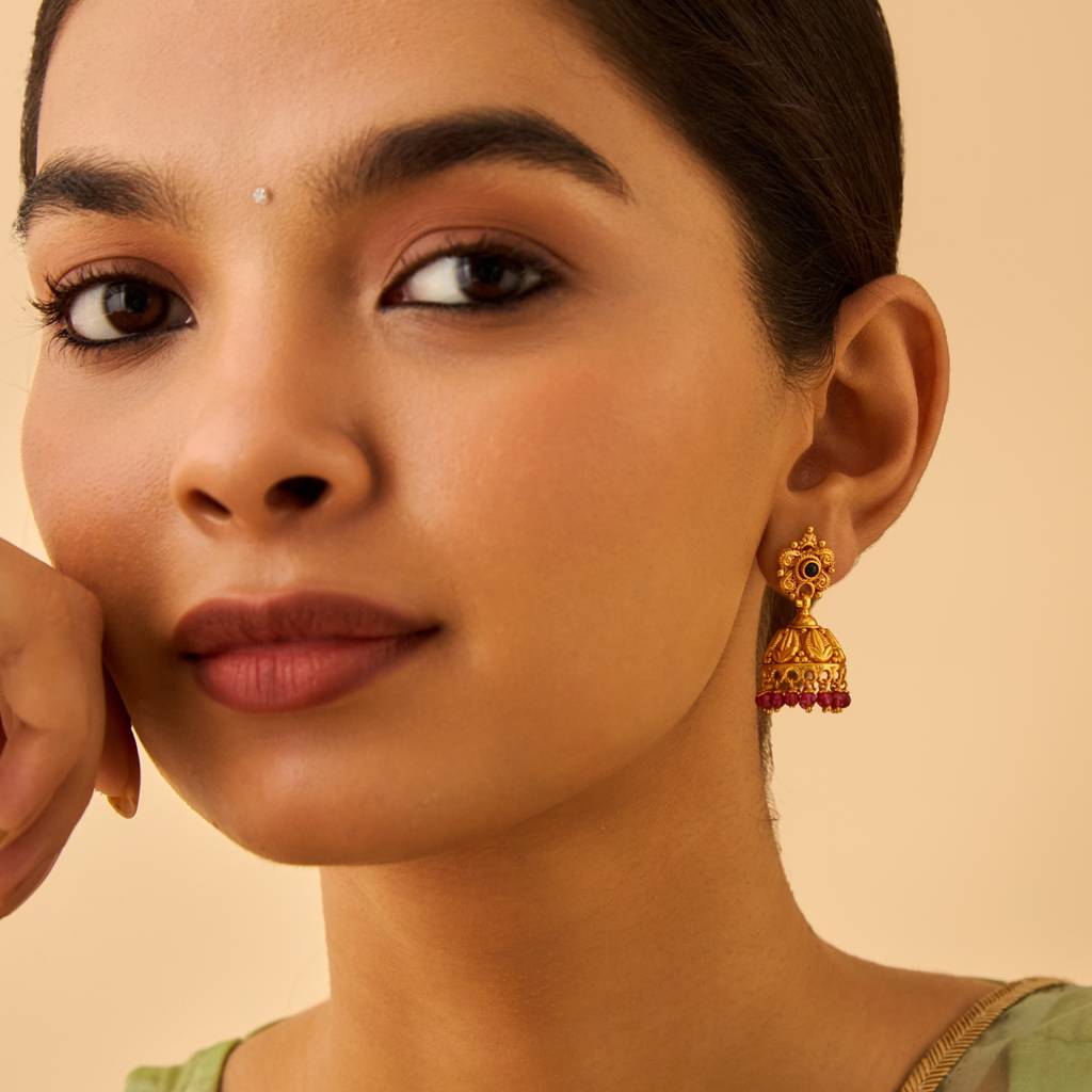 Kushal'S Fashion Jewellery Ruby-Green Gold-Plated Ethnic 92.5 Pure Silver Temple Jhumkas-174158 : 417981