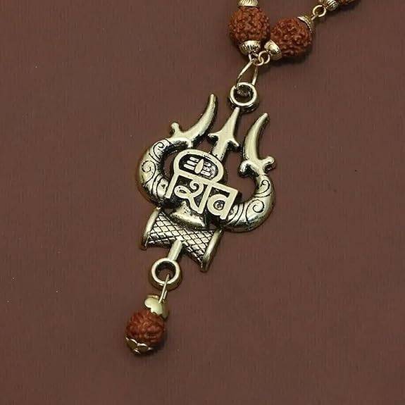 Spiritual Shiv Trishul Pendant With Damru | Lightweight Rudraksha Mala For Men : OSAK059-IGBRNPENDANT
