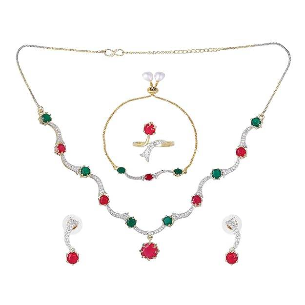 n Jewelry Combo Of Choker Necklace Set For Women: Gold & Rhodium Plated Timeless Elegance Green & R : OSAKCOM007-2TNGNRBNKERBRFN