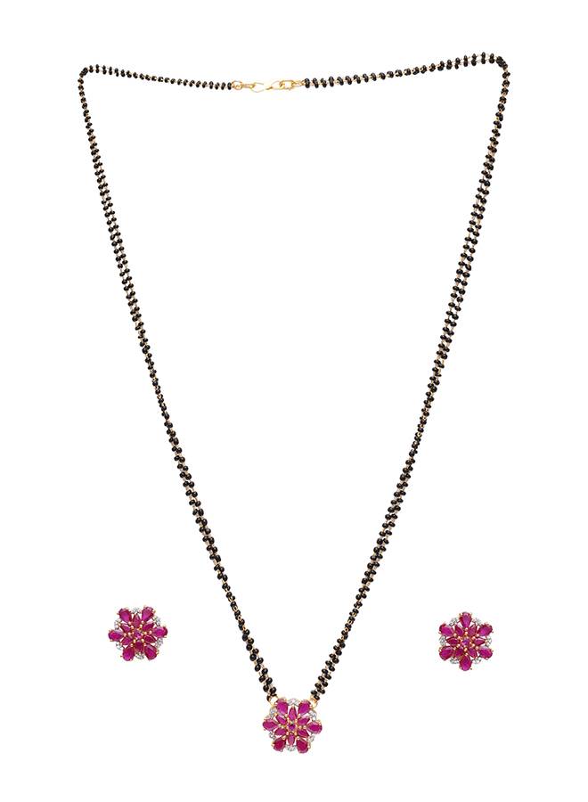 Black & Gold-Toned Stone-Studded Mangalsutra, Earrings And Ring Set : 8905124464191