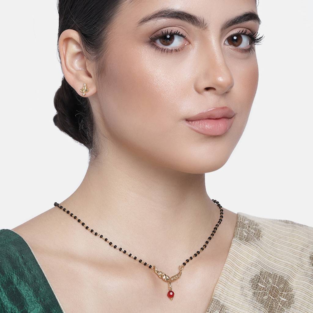 Estele Gold Plated Cz Floral Wave Designer Mangalsutra Necklace Set With Ruby Bead For Women : AD-MS-011NKER