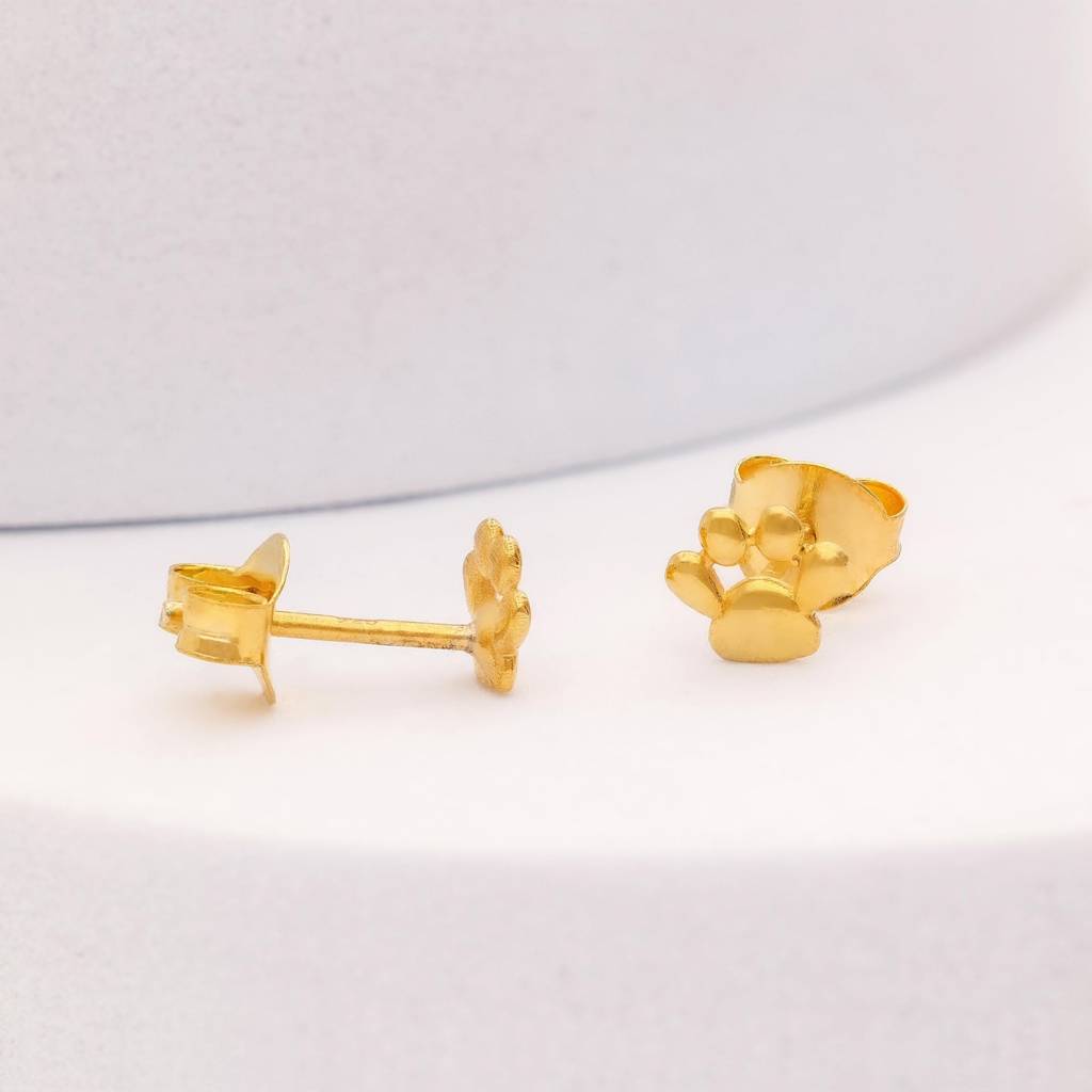 925 Silver Paw Print Stud Earrings | Gold Finish Pet Lover Earrings Gift For Her : SE_000657