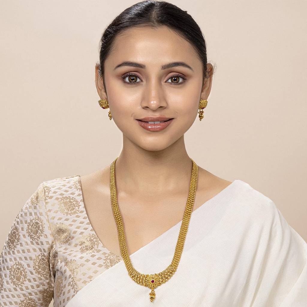 Traditional Long Gold Plated Maharashtrian & South Indian Style Necklace Earrings Jewellery Set For Women : PF04BRLS3398RP