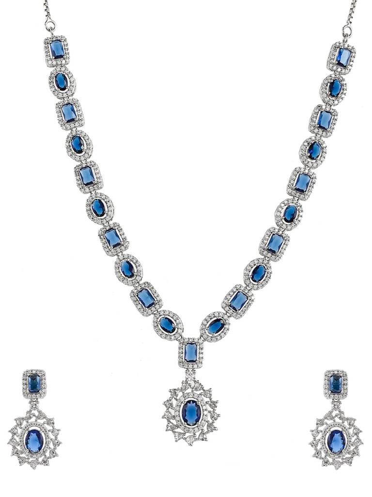 Sparkling Elegance Royal Blue And White Cz Brass Silver Plated Jewellery Set : 8905124472356