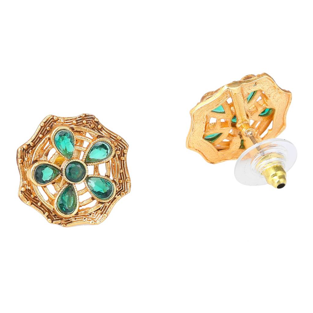 Estele Gold Plated Sparkling Flower Designer Matte Finish Stud Earrings With Green Crystals For Women : AD-116716-IGGNER