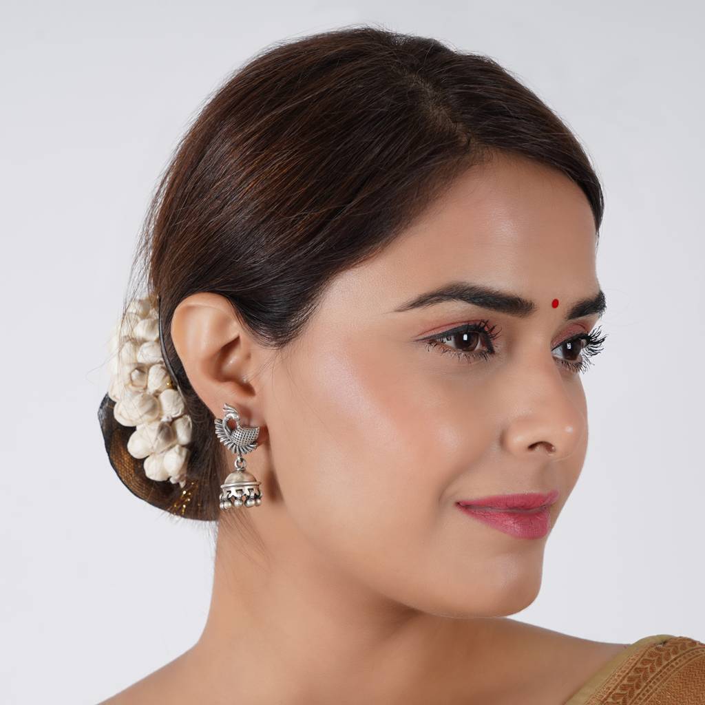 Intricately Carved Peacock Studs With Jhumkis Drops : SSE770