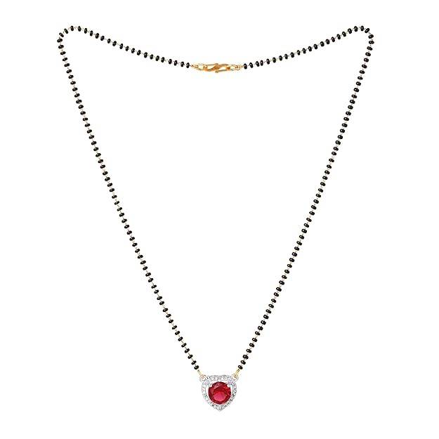 Gold & Rhodium Plated Graceful Heart Pendant Mangalsutra Chain With Black Beads & Ruby Crystal For Women : OSAKMS001-2TNRBNK