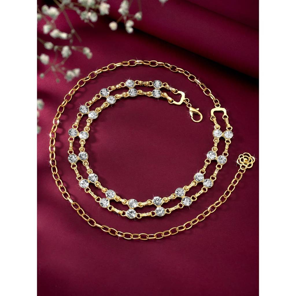Cubic Zirconia Studded Dress Belly Chain Adjustable Waist Chain Fancy Kamarbandh Belt For Women-Px8Bch004 : PX8BCH004G