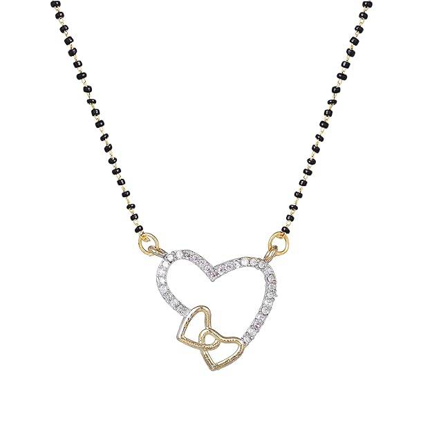 Gold & Rhodium Plated Loveable Heart Pendant Mangalsutra Chain With Black Beads & White Crystals For Wome : OSAKMS009-2TNWENK
