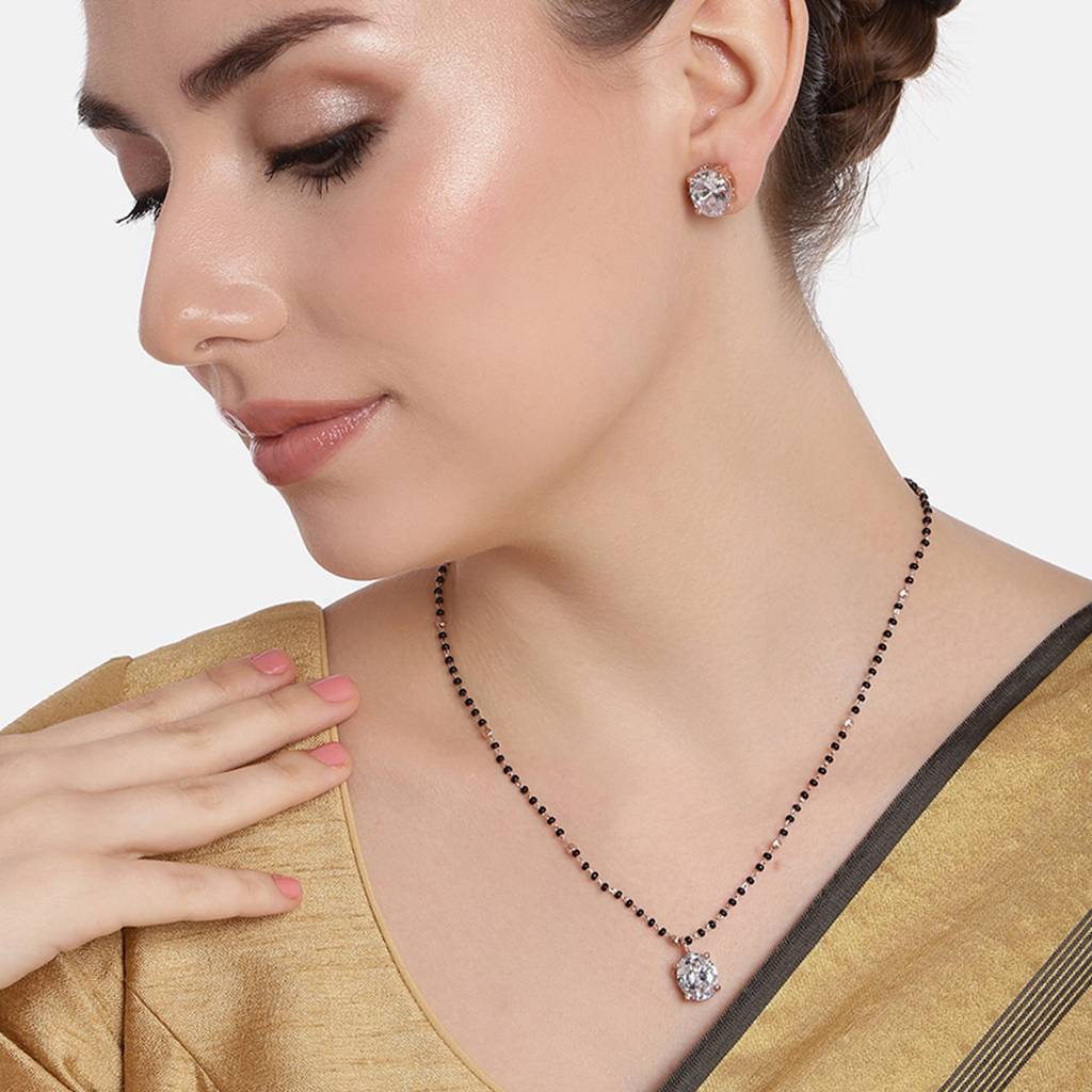 Estele Rose Gold Plated Cz Shinning Round Designer Maangalsutra Necklace Set For Women : ADMS040-RGWENKER