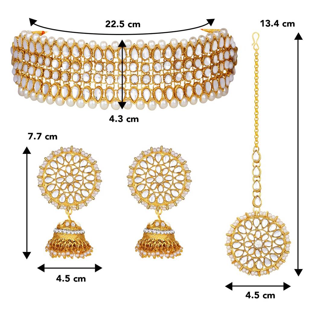 Gold Plated Traditional Kundan Brass Alloy Pearl Choker Necklace With Earring Maang Tikka Jewellery Set For Women : PF25N1190W