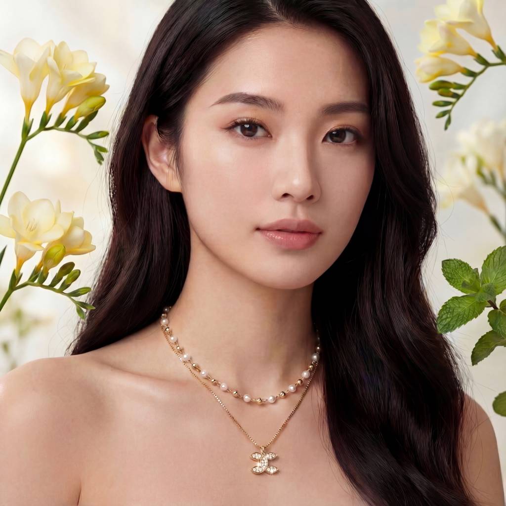 Korean Graceful Bloom Layered Pearl & Marquise Necklace : YUFSNL227