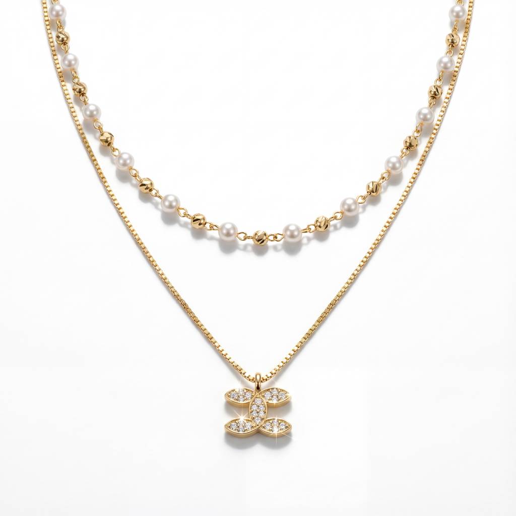 Korean Graceful Bloom Layered Pearl & Marquise Necklace : YUFSNL227