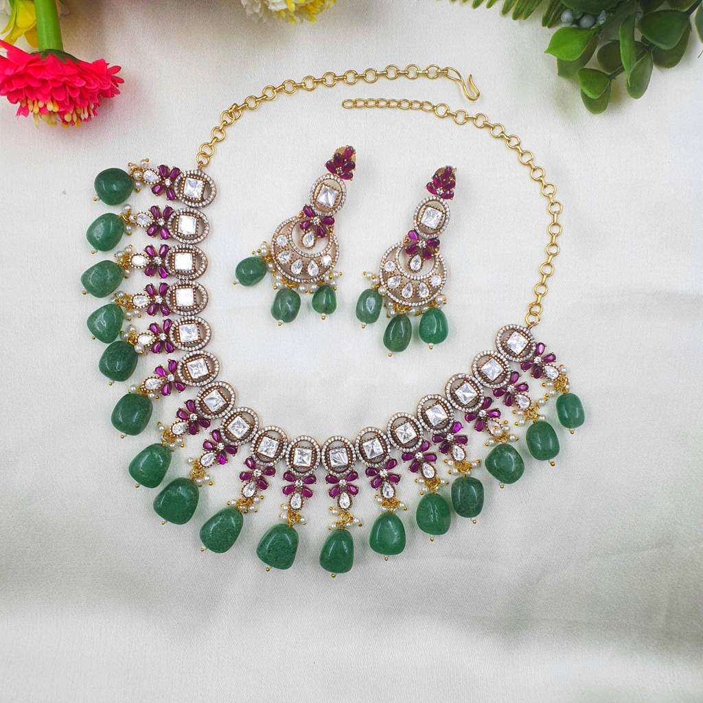 Victorian Style Kundan Necklace & Earring Set With Beryl Stone Drops : YAM52076