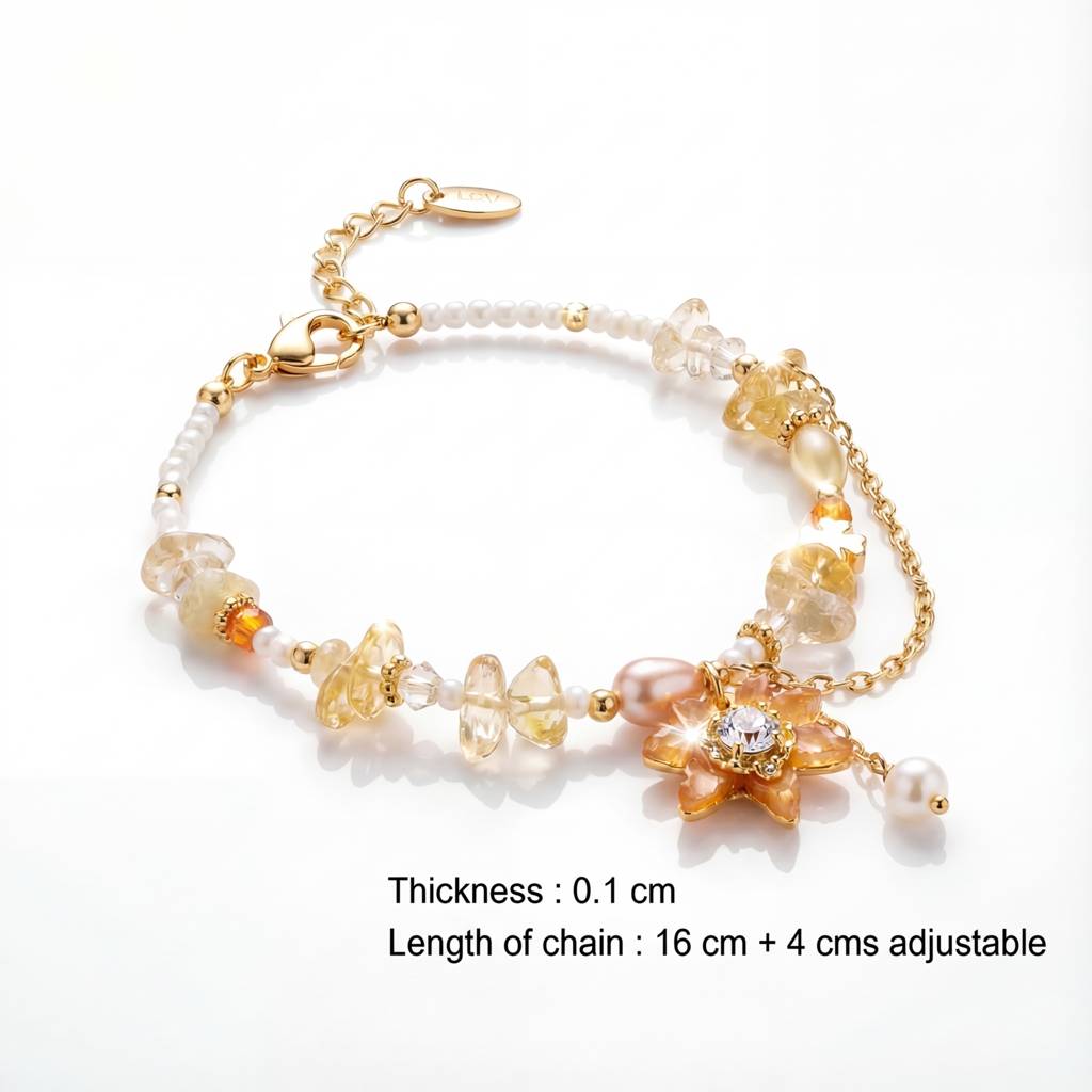 Korean Golden Sunburst Citrine & Pearl Floral Bracelet : YUFSBR204