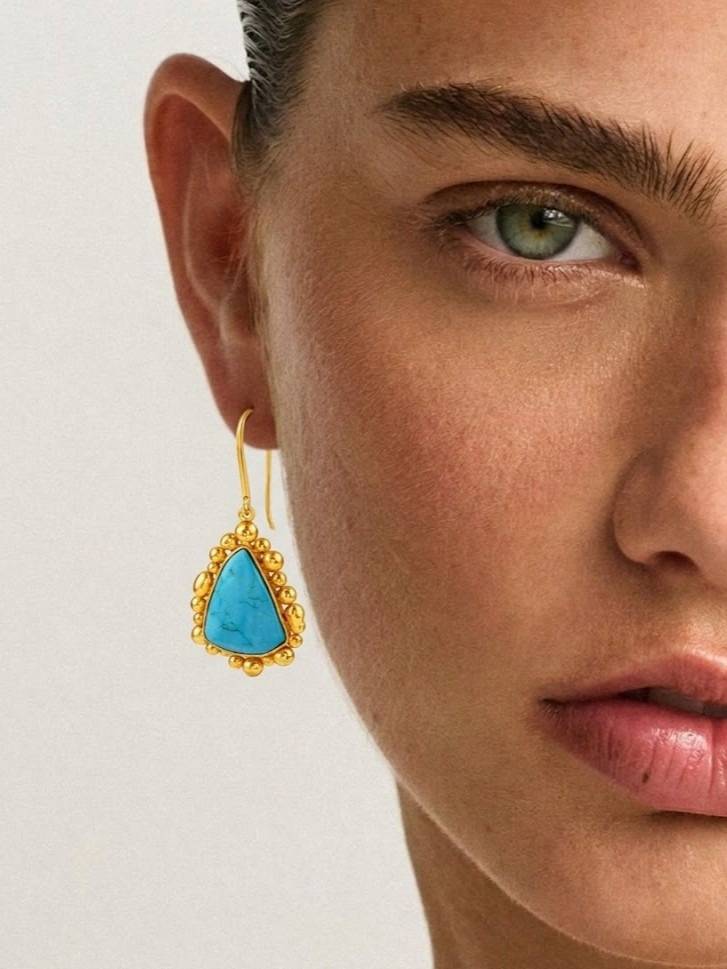 Gold Plated Natural Turquoise Pebble Drop Earrings : AWE-411