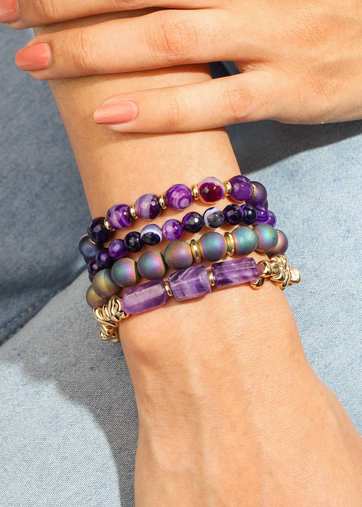 Encourages Self-Control & Inner Strength - Onyx, Amethyst, Jade Quartz & Druzy Bracelets Set : AB10779