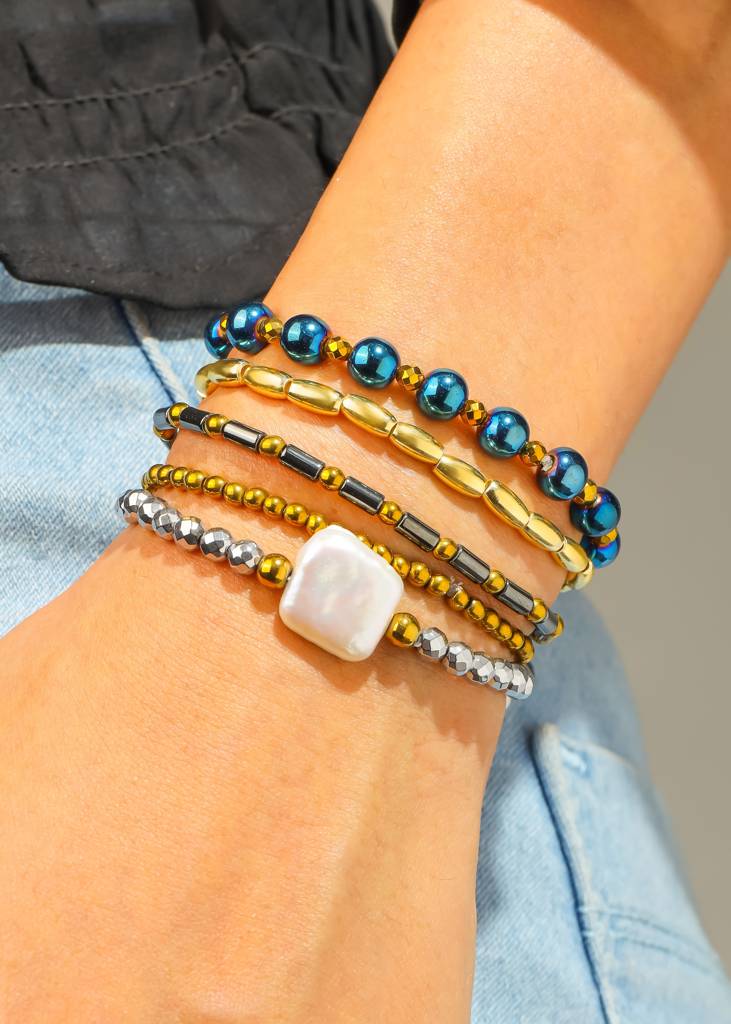 Enhances Focus & Mental Clarity - Hematite & Pearl Stack Bracelets : AB10781