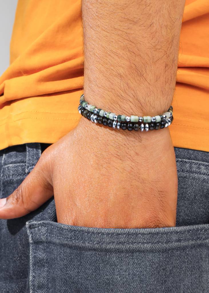 Clarity & Protection – Green Rutile, Hematite & Golden Obsidian Men’S Bracelet Set : AB10792