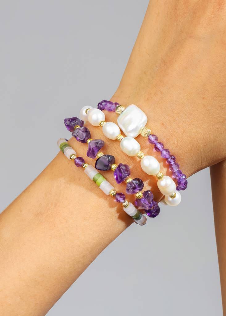 Waves Of Fortune – Pearl, Amethyst, White Quartz & Yellow Aventurine Gemstone Bracelet Set Of 4 : AB10802