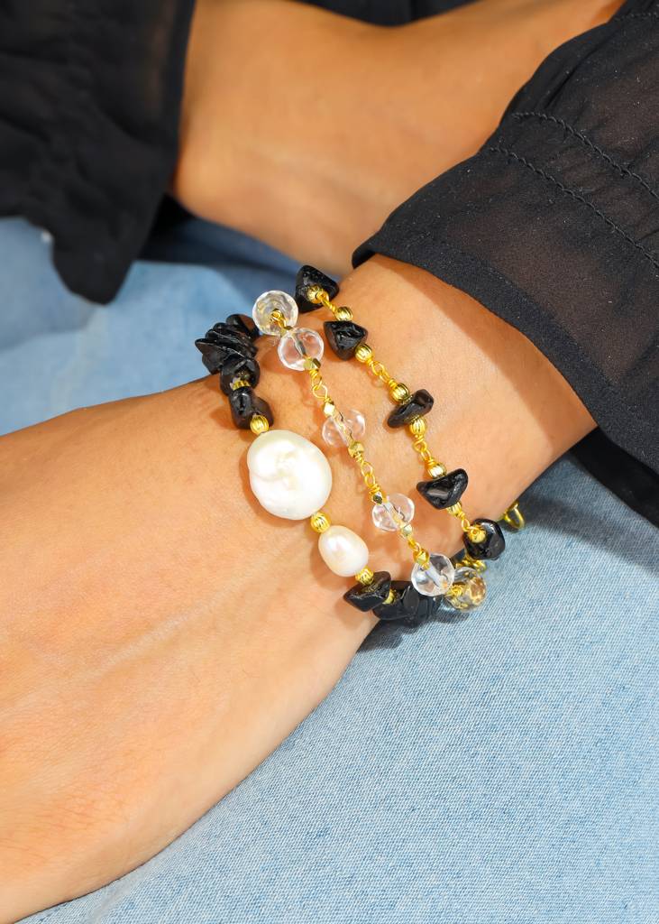 Pearl Black Onyx Quartz Energy Bracelet – Spiritual Jewelry For Balance & Positive Vibes : AB10806
